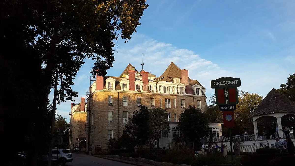 Stone facade and sign at the historic Crescent Hotel in Eureka Springs, Arkansas