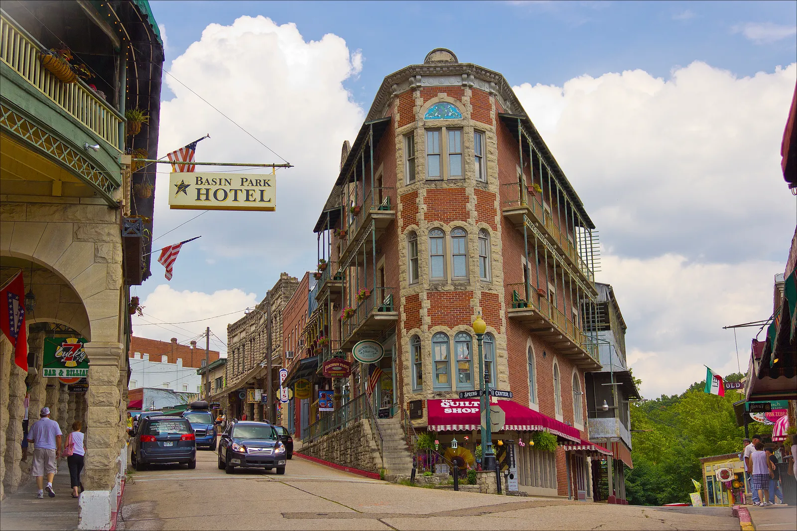 Historic Flatiron Flats building at Spring and Center streets in downtown Eureka Springs, Arkansas