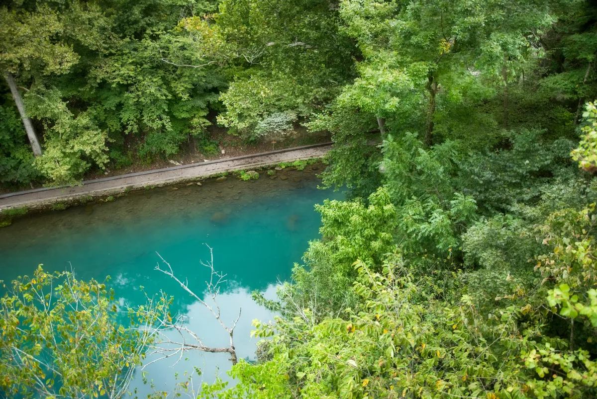 Turquoise spring water viewed from above through green trees at Roaring River State Park in Missouri